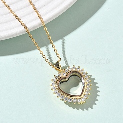 Brass Micro Pave Clear Cubic Zirconia and Glass Heart Locket Photo Pendant 304 Stainless Steel Chain Necklaces for Women&nbsp;NJEW-D341-01G