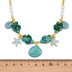 Ocean Brass Enamel Starfish Shell Shape Pendant Round ABS Imitation Pearl Beaded Necklaces&nbsp;KK-CBA4547-04B-G