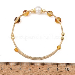 Round Natural Amber Herringbone Wire-Wrapped Cuff Bangles&nbsp;BJEW-JB14502