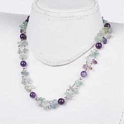 Natural Amethyst & Fluorite Beaded Tiered Necklaces&nbsp;NJEW-JN01707
