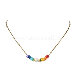 Chakra Natural Freshwater Shell Heishi Beaded 304 Stainless Steel Satellite Chain Necklaces with Natural Pearl for Women&nbsp;NJEW-JN06515