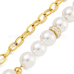 Ion Plating(IP) 201 Stainless Steel Pave Clear Cubic Zirconia & Plastic Pearl Beaded Necklaces&nbsp;NJEW-K270-18G