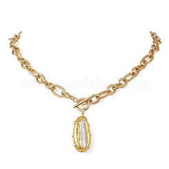Electroplated Baroque Natural Keshi Pearl Oval Pendant 304 Stainless Steel Figaro Chain Necklaces with OT Clasps for Women&nbsp;NJEW-JN06296