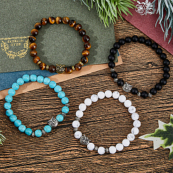 4Pcs 4 Styles Natural & Synthetic Mixed Gemstone & Glass & Alloy Owl Beaded Stretch Bracelets Set for Women&nbsp;BJEW-FI0001-04