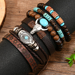 6Pcs 6 Styles Zinc Alloy and Wood Beads Coconut Shell Artificial Leather Cord Braided Bracelets & Stretch Bracelets Sets&nbsp;FS-WG2D370-01