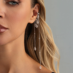 Multi Layer Iron & Brass Long Chain Glass Tassel Teardrop Cuff Earrings&nbsp;WG33690-01