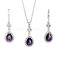 Brass Micro Pave Clear Cubic Zirconia & Glass Teardrop Pendant Necklaces & Earrings Sets for Women&nbsp;RT7280