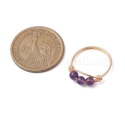 Copper Wire Wrapped Natural Gemstone Round Beaded Finger Rings for Women&nbsp;RJEW-JR00736