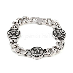 Stainless Steel Flat Round with Thor Hammer Mjolnir Link Bracelets&nbsp;BJEW-D379-07ASP