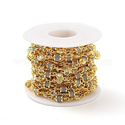 Natural Blue Lace Agate Column & Clear Cubic Zirconia Flat Round Link Chain&nbsp;CHC-G017-02G