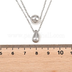 304 Stainless Steel Round Teardrop Pendant Cable Chain Double Layer Necklaces for Women&nbsp;NJEW-B083-03P
