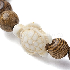Natural Wood Round & Synthetic Turquoise Turtle Beaded Stretch Bracelet for Women&nbsp;BJEW-JB09700-06