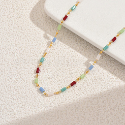 Geometric Brass Glass Column Link Chain Necklaces for Women Casual Vacation Jewelry&nbsp;BU2743