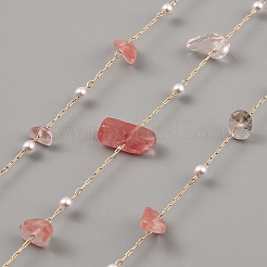 Dyed Light Coral Natural Rose Quartz Nuggets & ABS Plastic Pearl Beaded Chains&nbsp;CHC-CJC0004-01KCG