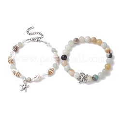 2Pcs 2 Style Natural Amazonite & Glass & Shell Stretch Bracelets with Tortoise&nbsp;BJEW-JB10091-01