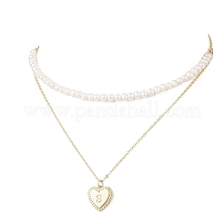 Natural Cultured Freshwater Pearl Potato Beaded Brass Heart with Letter Pendant Double Layer Necklaces&nbsp;NJEW-JN05392-03
