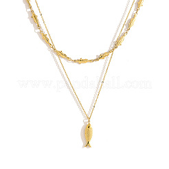 Summer Beach 304 Stainless Steel Fish Pendant Double Layer Necklaces for Women&nbsp;WG2FA6C-01