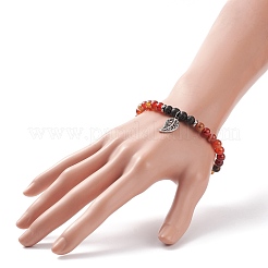Natural Dragon Veins Agate & Lava Rock Stretch Bracelet with Alloy Leaf Charm&nbsp;BJEW-JB08651