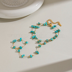 Synthetic Turquoise Chip 304 Stainless Steel Double Layer Hand Chain Ring Bracelets for Women&nbsp;HN5192