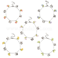 5Pcs 5 Colors 201 Stainless Steel Butterfly & Spray Painted Glass Flower Charm Brass Bar Link Chain Anklets&nbsp;AJEW-AN00736