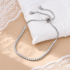 Brass Cubic Zirconia Bolo Tennis Bracelets, Slider Bracelets, Square, Clear, Clear, Platinum, 3.2~7.3cm, 1.5mm