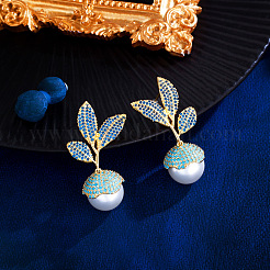 Leaf with Round Brass Micro Pave Cubic Zirconia Dangle Stud Earrings&nbsp;FS-WG7F411-01