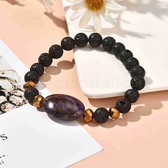 Natural Lava Rock & Oval Mixed Stone Beads Stretch Bracelet&nbsp;BJEW-JB07077