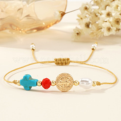 Summer Brass Cross Coin & Synthetic Turquoise Cross Link Braided Bracelets for Women Men&nbsp;NW9069-1