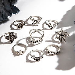 9Pcs 9 Styles Aniaml Alloy Spider & Snake & Bat & Flower Finger Rings Sets for Women&nbsp;PW-WG5EE65-01