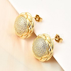 Brass Clear Cubic Zirconia Flat Round Stud Earrings&nbsp;EJEW-C147-06G