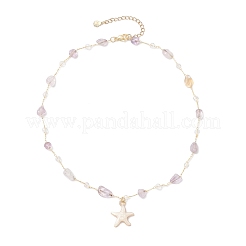 Brass Handmade Natural Amethyst Nuggets Link Chain Alloy Linen Enamel Starfish Pendant Necklaces for Women&nbsp;NJEW-JN05366-03