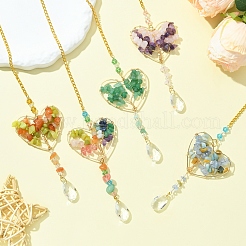 Wire Wrapped Natural Gemstone Chip Heart with Tree Pendant Decoration&nbsp;HJEW-FS00021