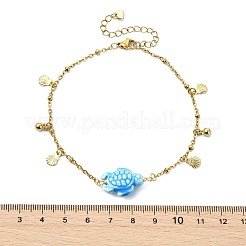 304 Stainless Steel Satellite Chain Dyed Synthetic Turquoise Blue Turtle Link Summer Beach Anklets for Women&nbsp;AJEW-AN00802