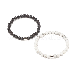 2Pcs Natural Lava Rock & Howlite Round Beaded Stretch Bracelets Set with Synthetic Hematite Column&nbsp;BJEW-JB08060-01