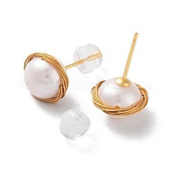 Wire Wrapped Round Natural Pearl Stud Earrings for Women&nbsp;EJEW-E303-18G