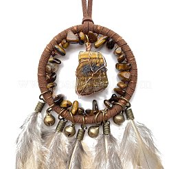 Irregular Nugget Woven Net/Web with Feather Pendant Decoration&nbsp;PW-WG89B61-02