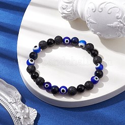 8mm Round Natural Black Onyx(Dyed & Heated) & Lava Rock & Evil Eye Handmade Lampwork Beaded Stretch Bracelets for Women Men&nbsp;BJEW-TA00518