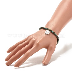 Natural Australian Turquoise(Jasper) Round Beaded Stretch Bracelet with Leaf Charm&nbsp;BJEW-JB07587-02