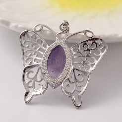 Butterfly Platinum Tone Brass Natural Amethyst Pendants&nbsp;G-M288-06
