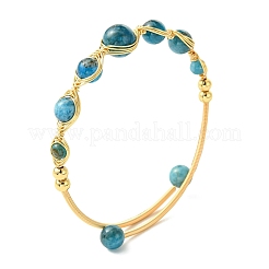Herringbone Wire-Wrapped Natural Mixed Gemstone Brass Cuff Bangles&nbsp;BJEW-JB14039