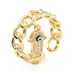 Cubic Zirconia Hamsa Hand with Evil Eye Open Cuff Ring with Enamel&nbsp;KK-D080-05G