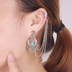 Retro Water Teardrop Turquoise and Twisted Chains Alloy Cuff Earrings&nbsp;EJEW-N0020-004B