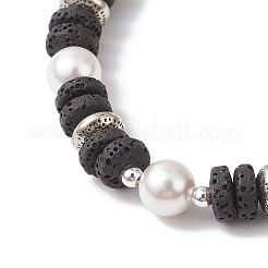 Flat Round Natural Lava Rock & Shell Pearl Beaded Stretch Bracelets for Women&nbsp;BJEW-JB12140-01
