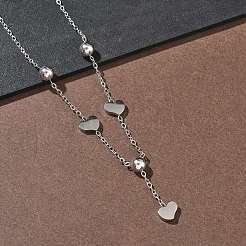 304 Stainless Steel Heart Pendant Necklaces with 201 Stainless Steel Round Beads&nbsp;NJEW-D269-03P