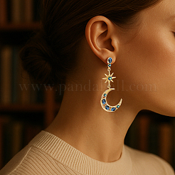 2 Pairs Aquamarine AB Rhinestone Moon & Star Dangle Stud Earrings&nbsp;EJEW-HY0001-32