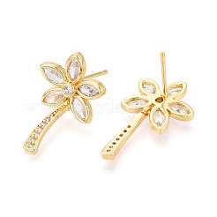 Flower Brass Micro Pave Clear Cubic Zirconia Dangle Stud Earrings&nbsp;EJEW-T047-50G
