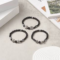 3Pcs 3 Style Natural Lava Rock & Black Onyx Beaded Stretch Bracelets Set&nbsp;BJEW-JB09237