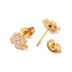 Ion Plating(IP) Enamel Clover with Crystal Rhinestone Stud Earrings with 316 Surgical Stainless Steel Pins&nbsp;EJEW-A081-12G