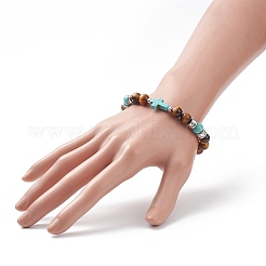 Natural Tiger Eye & Synthetic Turquoise(Dyed) Cross Beaded Bracelet&nbsp;BJEW-TA00179-01