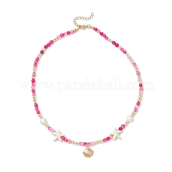 Dyed Natural Agate Faceted Round and Natural Cultured Freshwater Pearl & Starfish Synthetic Turquoise Beaded Brass Shell Shape Pendant Necklaces for Women&nbsp;NJEW-JN05496-01